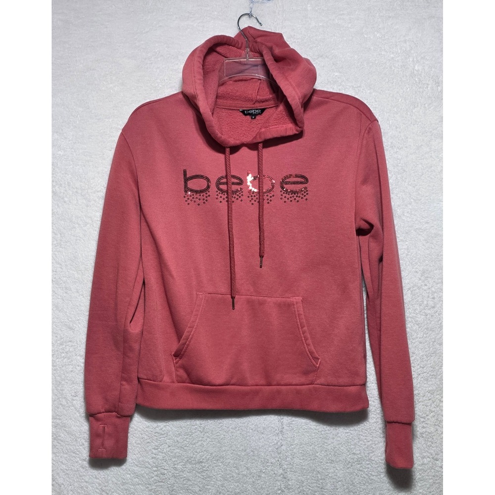 Bebe Sport Women's Pink Sequin Logo Hoodie Thumbhole Pullover Sweatshirt Medium